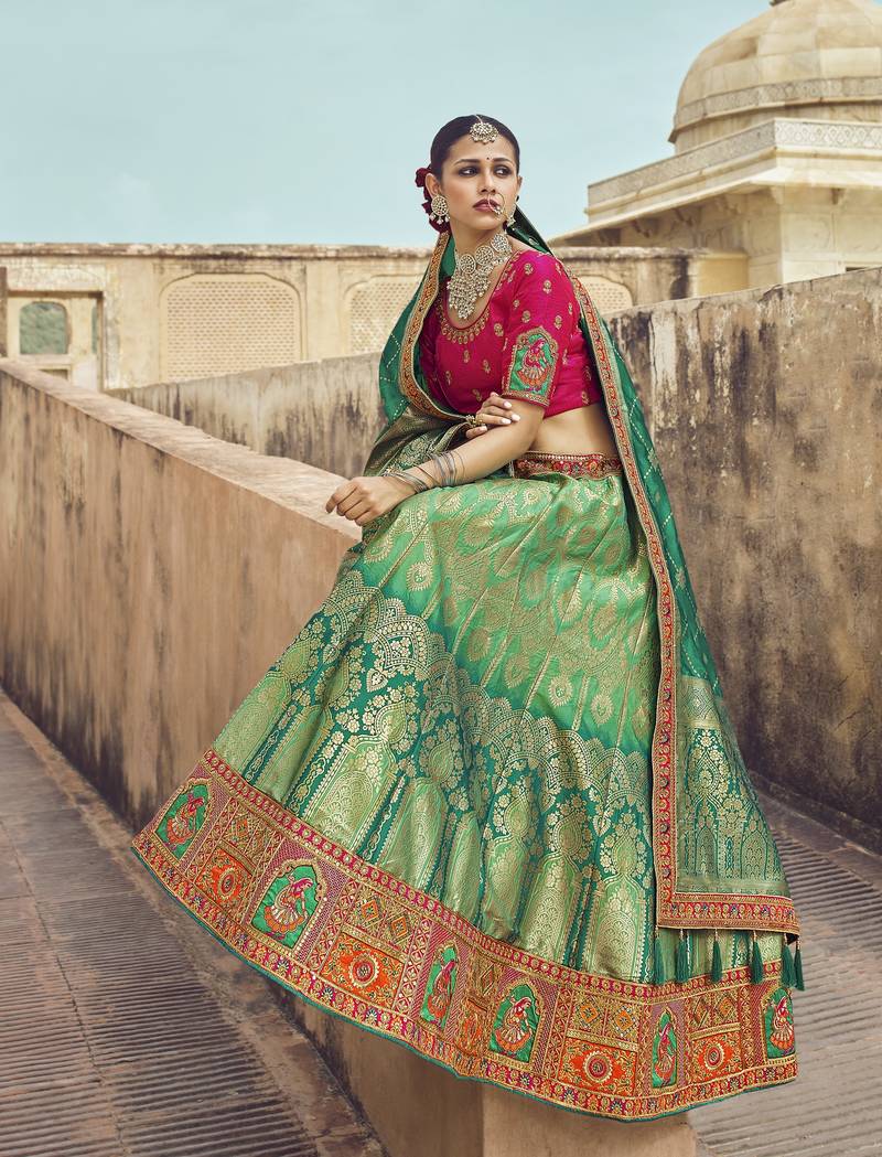 Multicolor hand woven silk semi stitched lehenga