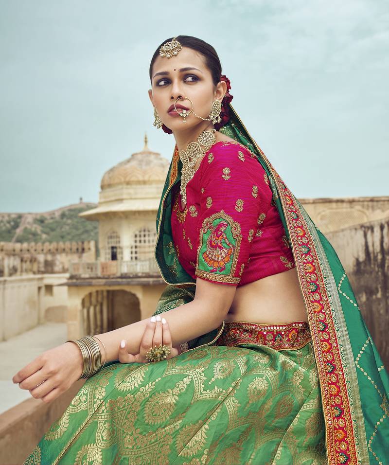 Multicolor hand woven silk semi stitched lehenga