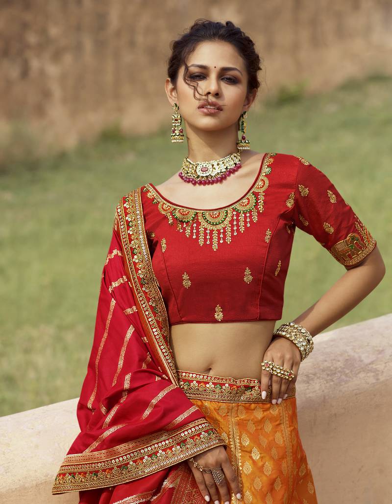 Multicolor hand woven silk semi stitched lehenga