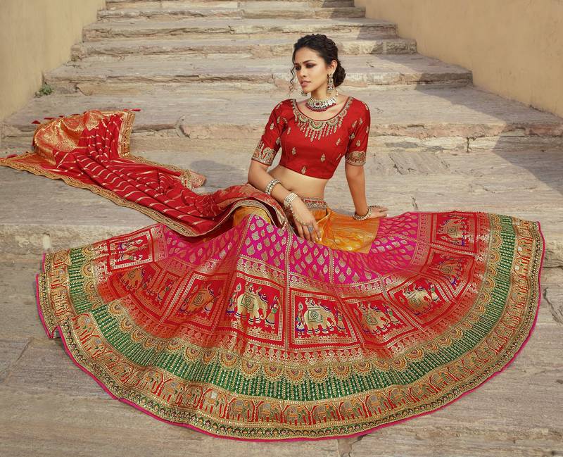 Multicolor hand woven silk semi stitched lehenga