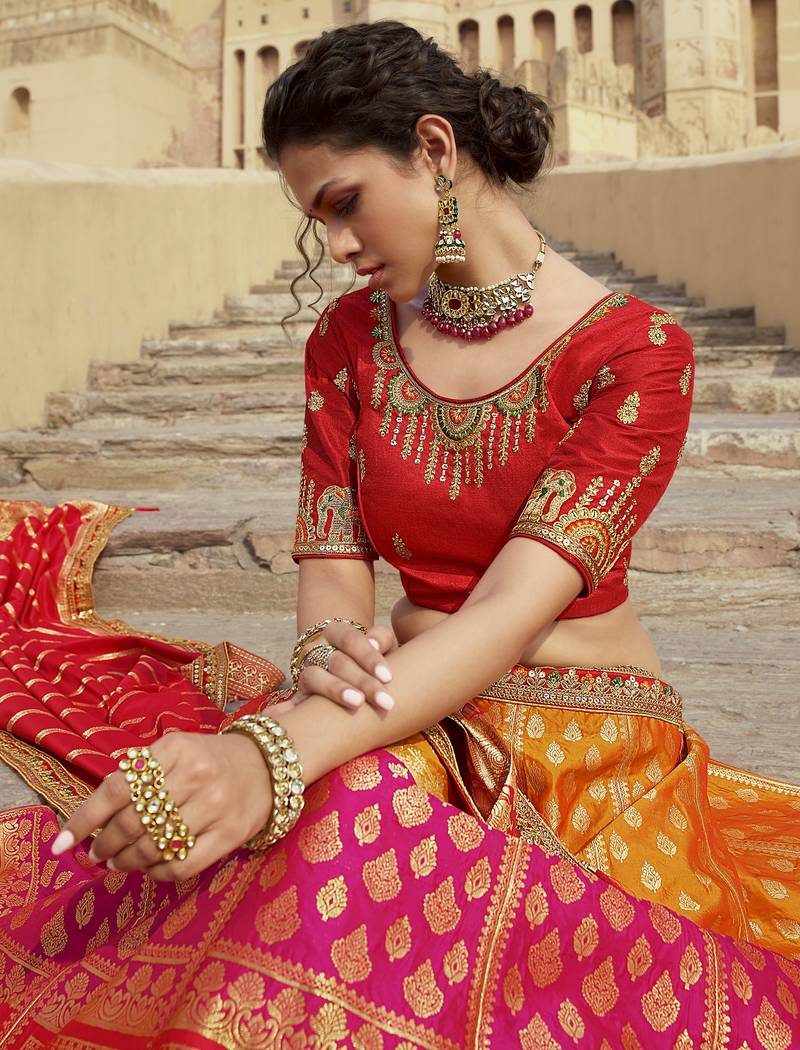 Multicolor hand woven silk semi stitched lehenga