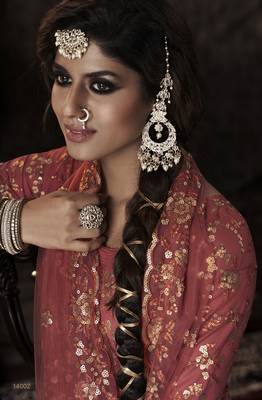 Mesmerizing Dark Orange Sequins Embroidered Net Salwar Kameez Semi Stitched 2