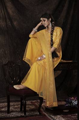 Glamourous Mustard Sequins Embroidered Net Salwar Kameez Semi Stitched 2