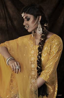 Glamourous Mustard Sequins Embroidered Net Salwar Kameez Semi Stitched 3