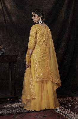 Glamourous Mustard Sequins Embroidered Net Salwar Kameez Semi Stitched 4