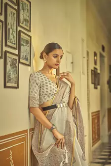 Ivory woven linen saree with blouse