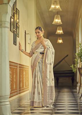 Ivory woven linen saree with blouse 4