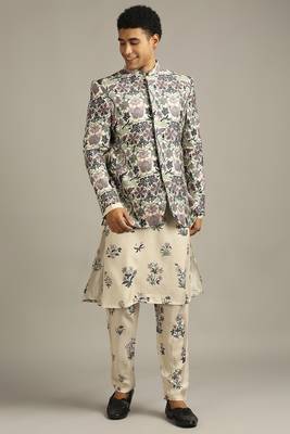 Beige Pastel Floral Printed Jacket With Kurta Set 1
