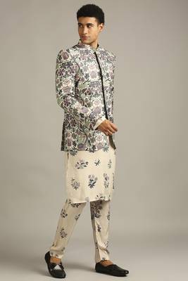 Beige Pastel Floral Printed Jacket With Kurta Set 2