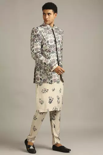 Beige Pastel Floral Printed Jacket With Kurta Set