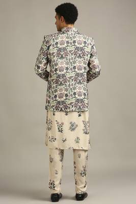 Beige Pastel Floral Printed Jacket With Kurta Set 3