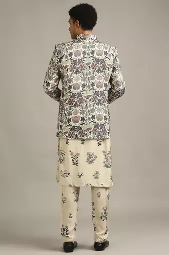 Beige Pastel Floral Printed Jacket With Kurta Set