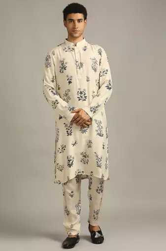 Beige Pastel Floral Printed Jacket With Kurta Set