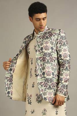 Beige Pastel Floral Printed Jacket With Kurta Set 5