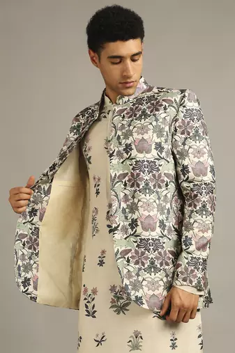 Beige Pastel Floral Printed Jacket With Kurta Set