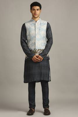 Blue Cloud Printed Bundi With Kurta Set 1