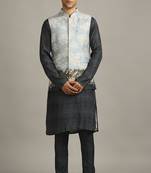 Blue Cloud Printed Bundi With Kurta Set