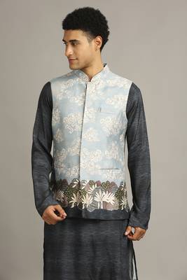 Blue Cloud Printed Bundi With Kurta Set 2