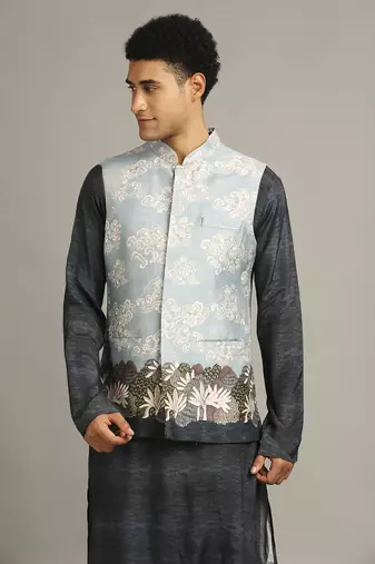 Blue Cloud Printed Bundi With Kurta Set