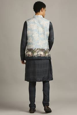 Blue Cloud Printed Bundi With Kurta Set 3