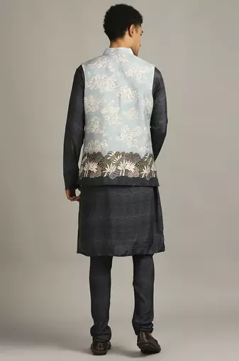 Blue Cloud Printed Bundi With Kurta Set