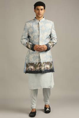 Blue Cloud Printed Longline Jacket With Kurta Set 2