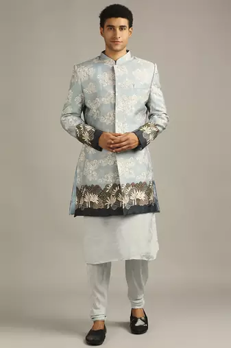 Blue Cloud Printed Longline Jacket With Kurta Set