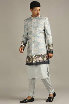 Blue Cloud Printed Longline Jacket With Kurta Set 3