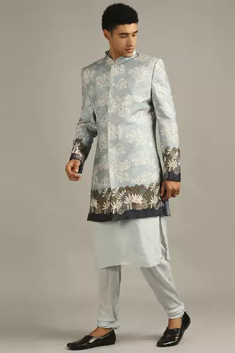Blue Cloud Printed Longline Jacket With Kurta Set