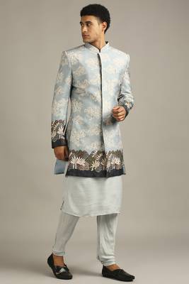 Blue Cloud Printed Longline Jacket With Kurta Set 1