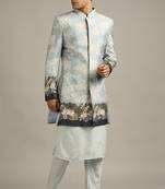 Blue Cloud Printed Longline Jacket With Kurta Set