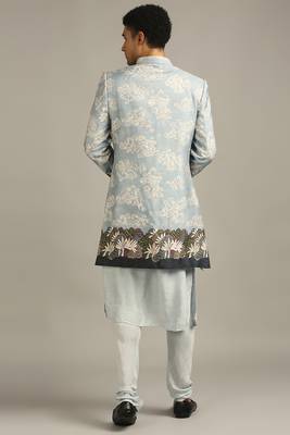 Blue Cloud Printed Longline Jacket With Kurta Set 4