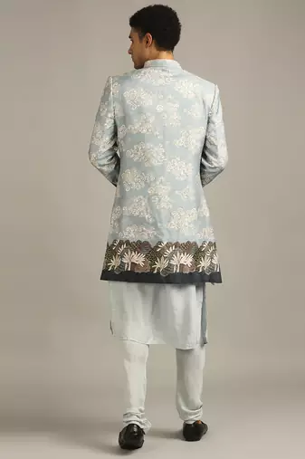 Blue Cloud Printed Longline Jacket With Kurta Set
