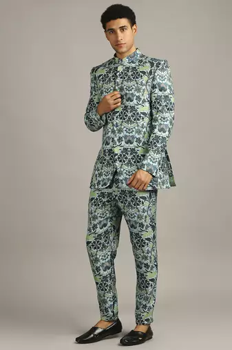 Pastel floral printed bandhgala set
