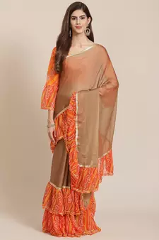 Beige printed chiffon saree with blouse