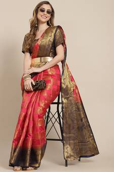 Pink woven jacquard saree with blouse