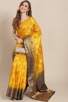 Yellow woven jacquard saree with blouse