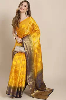 Yellow woven jacquard saree with blouse