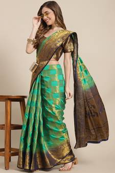 Green woven jacquard saree with blouse