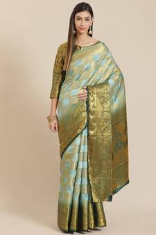 Green printed jacquard saree with blouse