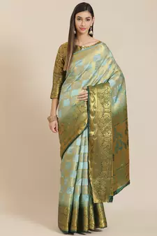 Green printed jacquard saree with blouse