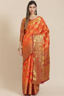 Orange printed jacquard saree with blouse