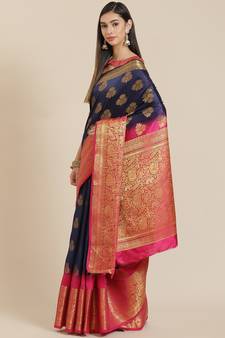Blue printed banarasi silk saree with blouse