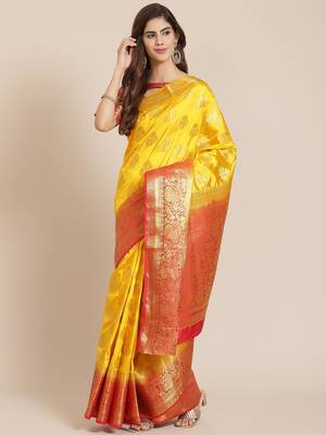 Yellow printed banarasi silk saree with blouse 1