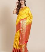 Yellow printed banarasi silk saree with blouse
