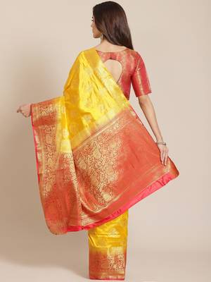 Yellow printed banarasi silk saree with blouse 2
