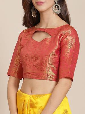 Yellow printed banarasi silk saree with blouse 3