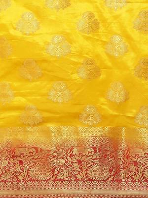 Yellow printed banarasi silk saree with blouse 4