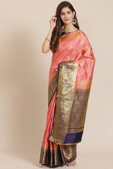 Pink printed banarasi silk saree with blouse