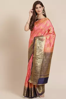 Pink printed banarasi silk saree with blouse